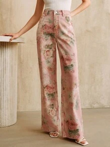 Anewsta Women's New Fashionable Printed Pink Straight Leg Jeans - Pink - View 6