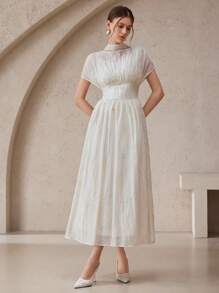 Modelyn Women's Floral Jacquard Round Neck Batwing Sleeve Waist Cinched Elegant Dress