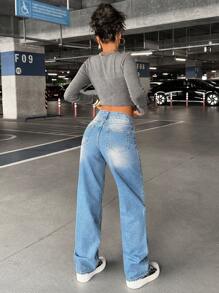 EURMUSE Cottnline 100% Baumwolle KNOPF AN DER SEITE MITTLERE TAILLE GERADE GESCHNITTENE WEITE DAMEN JEANS