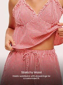 LUVLETTE 夏季女士红色格子图案纯棉V领吊带背心可爱睡衣上装和短裤套装，透气性感可爱睡衣套装，荷叶边长裤带口袋，内衣外穿舒适居家必备，平衡百搭，也适合青少年女孩、年轻女孩和儿童。 - 紅色 - 查看 5