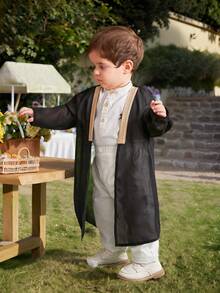 3pcs Baby Boy Summer Casual Elegant Black Mid-Length Robe, Including White Collared Short Sleeve Shirt And White Casual Pants 3-Piece Set, Suitable For Birthday Party, Evening Event, Performance, Wedding, Baby Shower, Christening And 1st Birthday Celebration