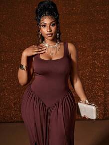 Maweii Plus Size Women's Solid Color Square Neck Ruched Slit Hem Casual Sleeveless Dress - Brown - View 2