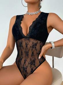 SHEIN 蕾丝深V紧身衣（无钢圈），外出 - 黑色 - 查看 5