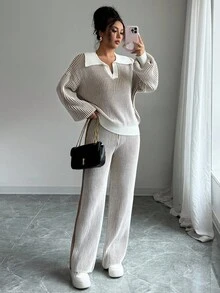 Elenzga 2pcs/Set Women Polo Collar Patchwork Contrast Color Pullover Sweater Top + Long Pants Suit, Autumn/Winter - Mocha Brown - View 7