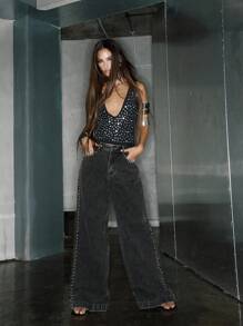 MUSERA 铆钉缝线深色水洗宽松牛仔裤，适合伊比沙岛音乐节、锐舞派对、Y2K 风格、性感铬色、外出、夜生活、牛仔、秋季、街头服饰、颓废风、俱乐部、秋季。服装、女装、女式服装、衬衫、女士服装、女式服装。时尚 - 灰色 - 查看 1