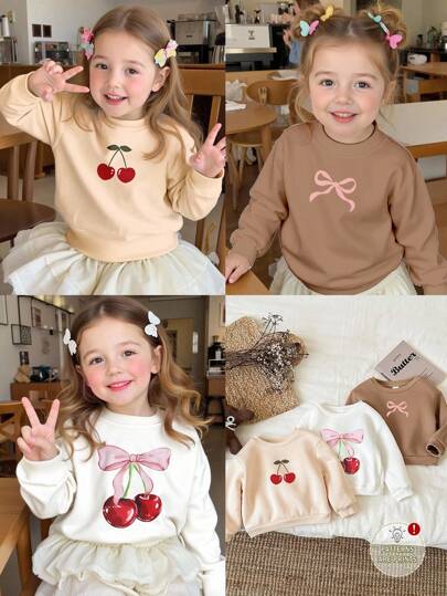 3件套女婴加厚保暖长袖卫衣，饰有可爱的复古樱桃图案和粉色蝴蝶结装饰，适合秋冬穿着。颜色：奶油白、奶油米色、野鸭棕。复古街头风，女婴秋季叠穿，舒适轻松，时尚女婴，休闲装，女婴图案服装，秋装
