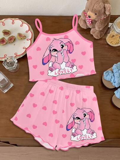 Desene animate drăguțe de iepure roz Lulu, model cusut, imprimeu cu inimă roz, camisol și pantaloni scurți minimalisti casual pentru fete tinere, potrivite pentru vară, vibrații de vacanță, călătorii însorite, ținute casual de primăvară, escapade de vară, momente în familie, vacanță de primăvară boho drăguță cu fete cocos Y2K, excursie pentru fete albastre gata de brunch, vibrații neon pe plajă, festival de muzică în stil boem hippie