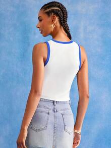 PEPSI X SHEIN 女士休闲日常运动街头时尚字母图案撞色短款背心，夏季 - 白色 - 查看 2