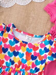 SHEIN 3pcs/Set Baby Girls' Casual Colorful Striped Heart Print Round Neck Hooded Dress