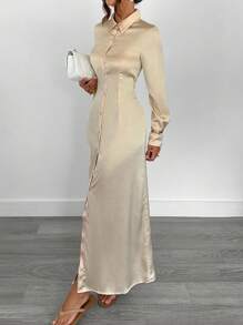 Siren Gaze 优雅通勤纯色前扣长裙 - 黃色 - 查看 5