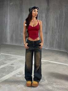 StreetHx Women's White Spaghetti Strap Backless Fitted Camisole