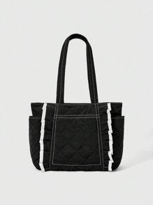 ROMWE Kawaii 女士时尚百搭荷叶边托特包 - 黑色 - 查看 1