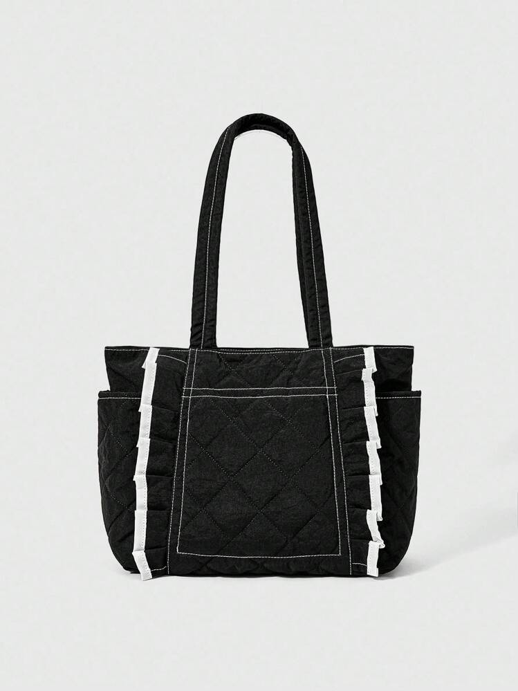 ROMWE Kawaii 女士时尚百搭荷叶边托特包 - 黑色 - 查看 1