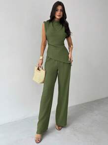 Firerie 卡其色简约优雅休闲通勤办公室服装：无袖不对称褶皱腰女式衬衫 + 常规褶皱阔腿女式裤子、亚麻通勤套装、女士沙滩装、机场装、度假装、教师装 - 軍綠色 - 查看 6