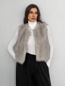 SHEIN Tall Women's Solid Color Open Front Fluffy Vest Jacket For Winter Fur Vest