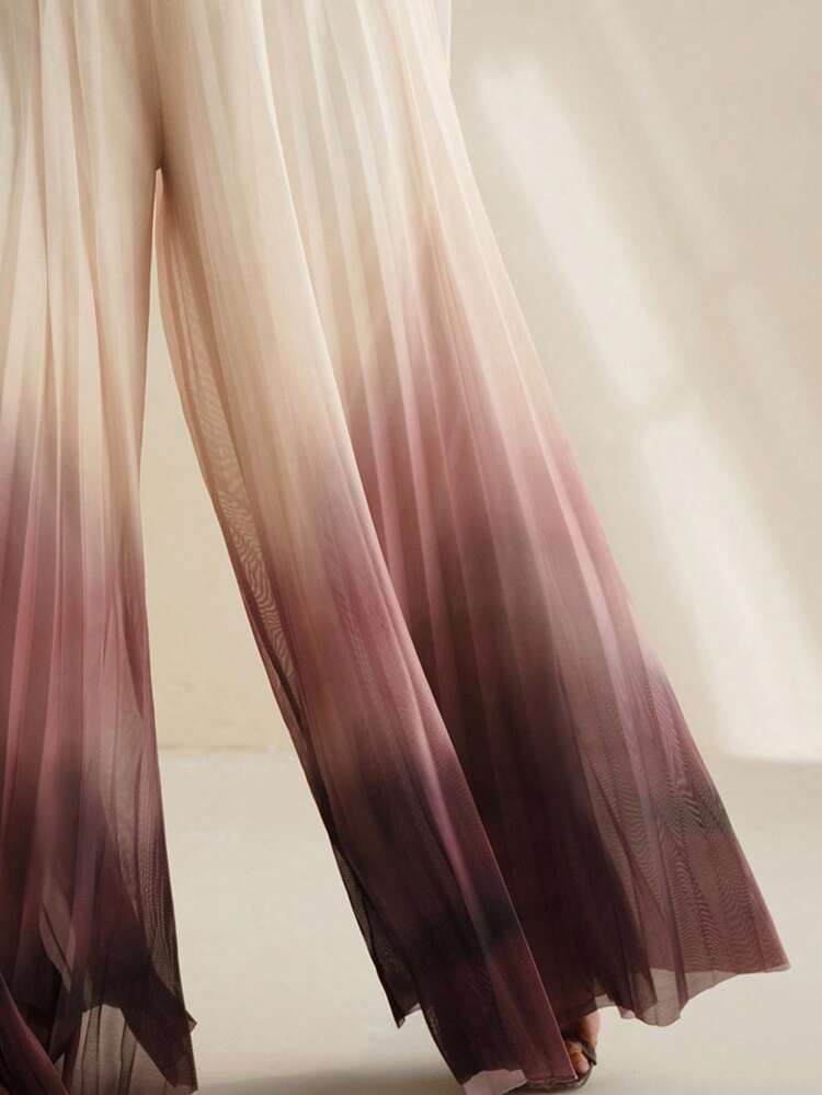 Women's Plus Elegant Ombre Print Wide Leg Pleated Long Pants, Fashionable Autumn