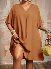 Slaydiva 新款优雅休闲/商务休闲女式短袖雪纺V领宽松荷叶袖连衣裙，秋季女装 - 棕色 - 查看 12