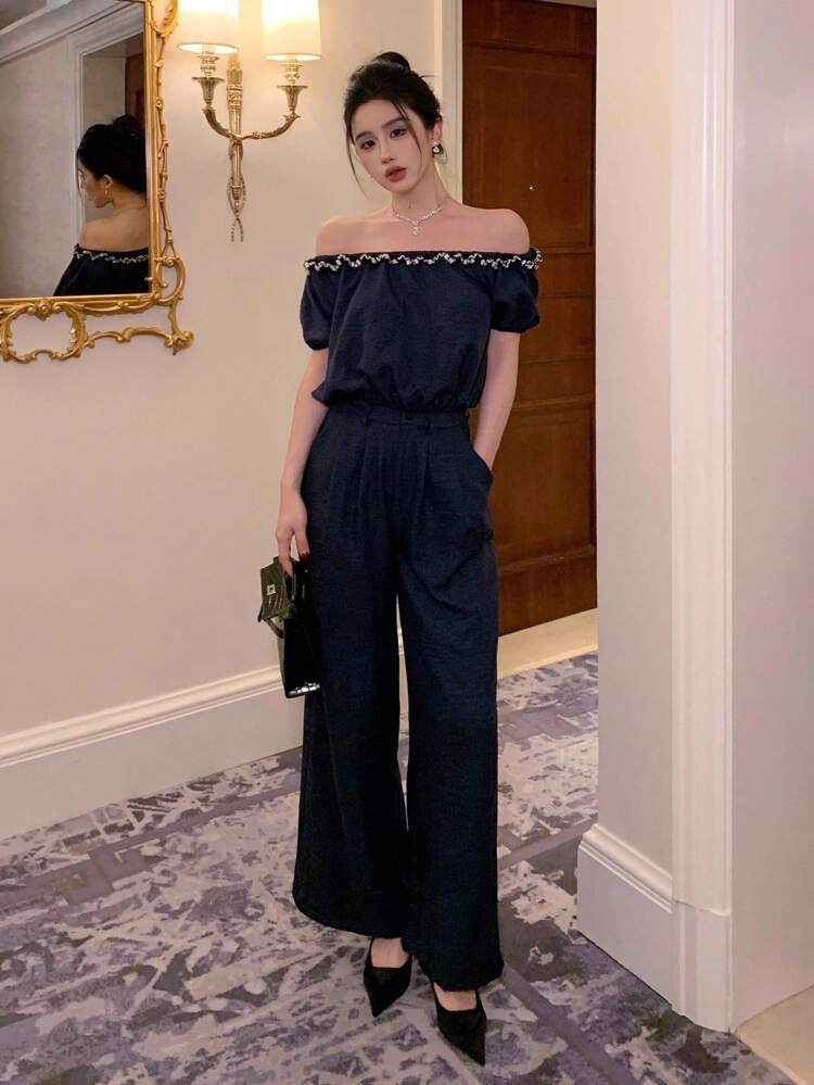 2pcs Women Casual Beaded Off Shoulder Crop Top And Straight Leg Pants Set, Loose Vacation Outfit, Spring/Summer