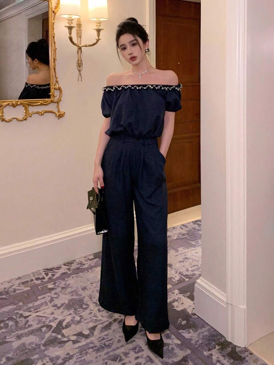 2pcs Women Elegant Beaded Off Shoulder Crop Top And Straight Leg Pants Set,Loose Black White Summer Vacation Outfit,Date Night Spring Lounge Sets