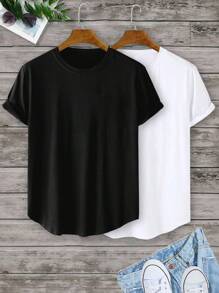 Manfinity Homme Men 2 Packs Solid Crew Neck Plain Casual Work Short Sleeve Tee, Boyfriend Gift - Black and White - View 1