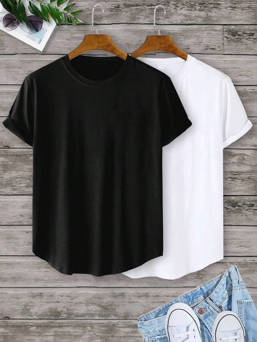 Manfinity Homme Men 2 Packs Solid Crew Neck Plain Casual Work Short Sleeve Tee, Boyfriend Gift - Black and White - View 1