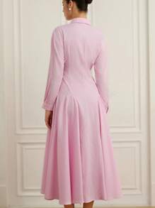 GENKIRA French Retro Waist Flared Split Hem Plaid Shirt Collar Long Sleeve Dress For Women Fall Cloth For Women - Pink - View 2