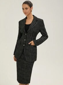 Aveloria Rosie Schwarzer & weißer Tweed Strass & Perlen Dekor Taillenanzug Set mit Taillengürtel für Pendlerinnen, elegant für Frauen