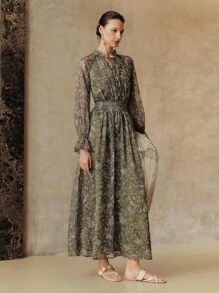 Arave 编织花卉印花圆领荷叶边饰 V 领长喇叭袖优雅休闲户外通勤度假女士连衣裙，春夏秋季 - 綠色 - 查看 6