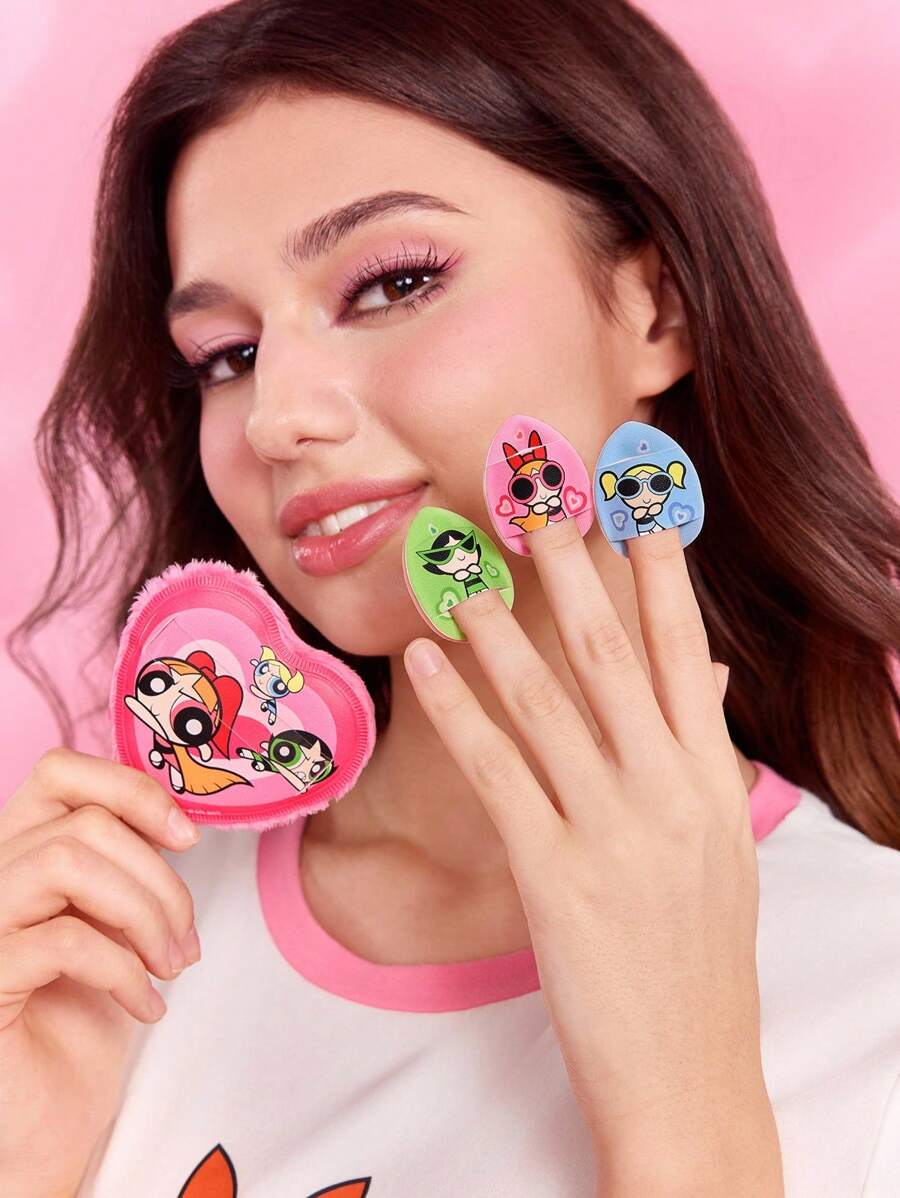 THE POWERPUFF GIRLS X SHEIN 4 件套可爱花朵、泡泡、毛茛图案化妆海绵套装，包含 1 个天鹅绒粉扑、3 个手指粉扑，适用于各种化妆品、飞天小女警、泡泡、花朵、毛茛、友谊、爱情 - 彩色 - 查看 1