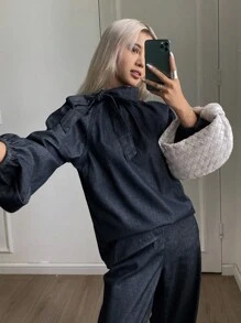 Livesso 女式夏季系带长袖上衣和休闲牛仔裤套装