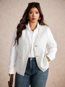 Elaquor Áo khoác vest không tay cài một hàng khuy cỡ lớn dành cho nữ vào mùa thu/đông - Màu be - Xem 3