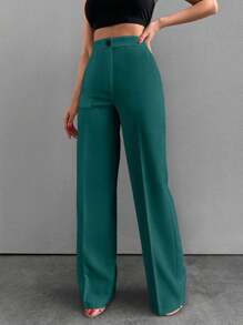 EURMUSE Women Solid Color Button Front Straight Leg Pants - Green - View 3