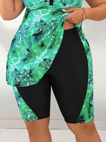 Swim Vcay 大码女式数码印花拼接中长沙滩短裤泳衣，适合海滩派对度假 - 綠色 - 查看 3