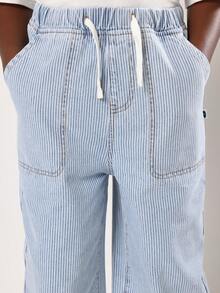 SUMWON 宽松阔腿条纹牛仔裤，舒适抽绳腰休闲日常青年裤，经典铁路图案宽松版型，四季男童裤