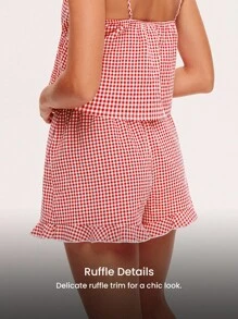 LUVLETTE 夏季女士红色格子图案纯棉V领吊带背心可爱睡衣上装和短裤套装，透气性感可爱睡衣套装，荷叶边长裤带口袋，内衣外穿舒适居家必备，平衡百搭，也适合青少年女孩、年轻女孩和儿童。 - 紅色 - 查看 9