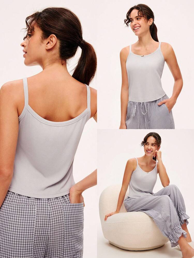 夏用レディースグレータンクトップカジュアルトップス&コットンチェック柄ルームパンツ可愛いパジャマセット ポケット付きパンツ アウターウェアとしても着用可能 ホームウェア チェック柄 ティーンガール、若者、子供にも適しています