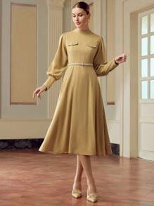 ZEYLAH Women's Elegant Solid Color Long Sleeve Midi Dress, Suitable For Commuting Fall Cloth For Women - Khaki - View 1