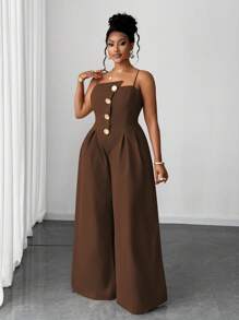 Maweii 大码无袖单排扣百褶宽松时尚金属纽扣连体裤 - 棕色 - 查看 4