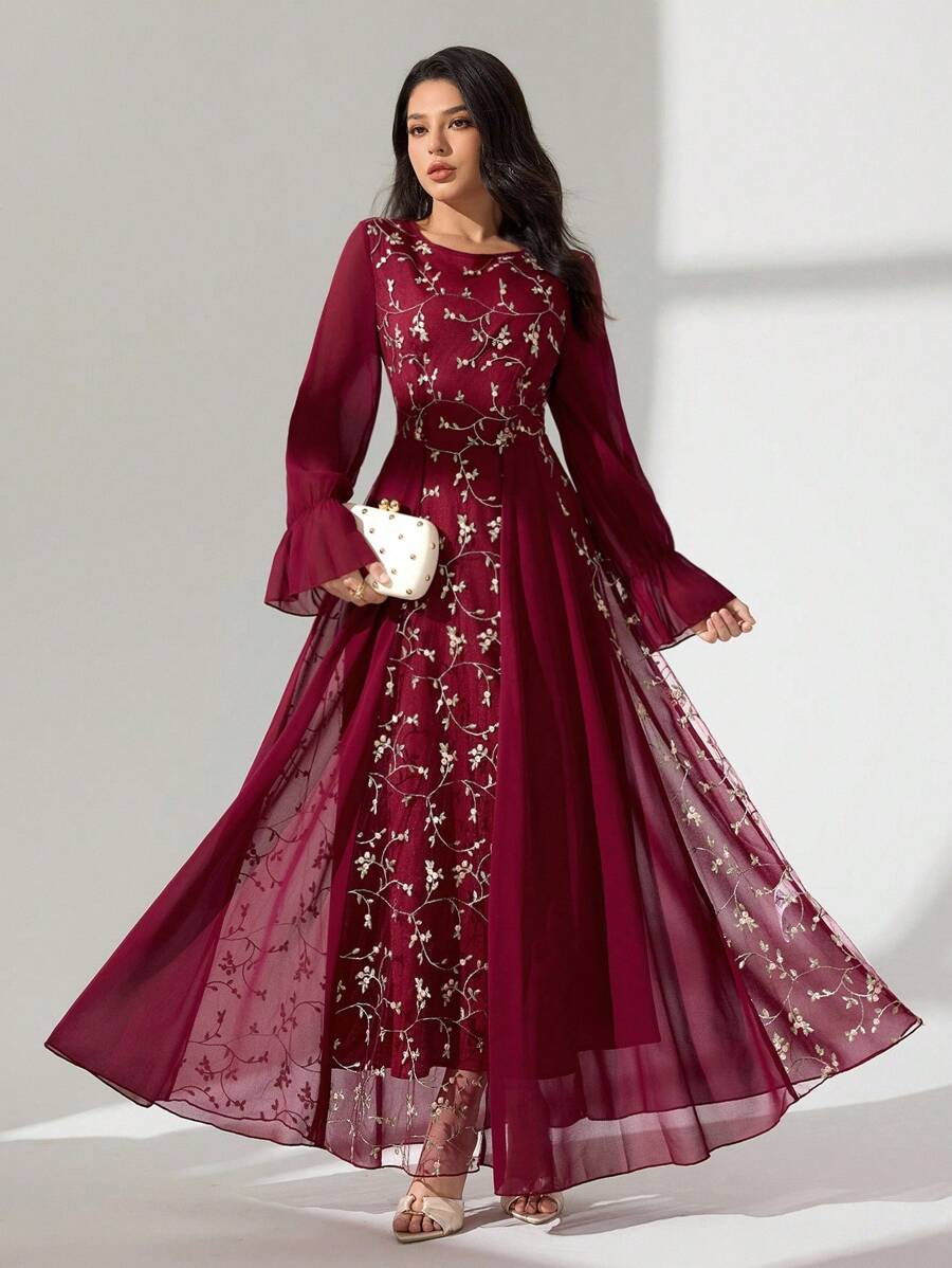 Modelyn Váy xòe tay dài bằng vải chiffon thêu lưới chắp vá dành cho nữ - Màu Đỏ Sâu - Xem 1
