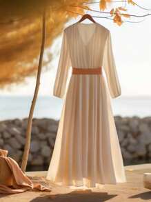 Franclia Women's Apricot Elegant V-Neck Long Sleeve Dress, Fashion Summer Vacation Outfit All White Clothes For University Fall Cloth For Women - Apricot - View 2