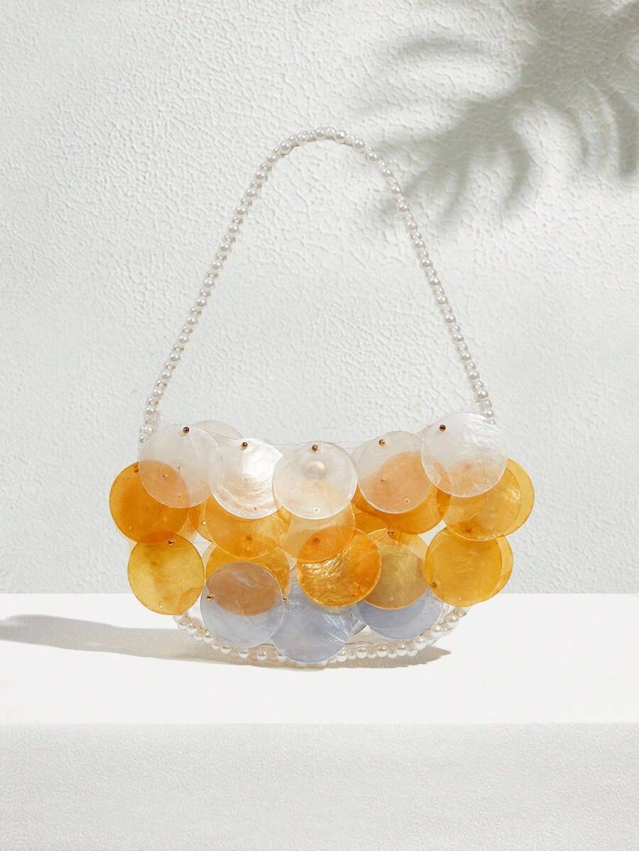 SHECARRY BEADED COLORBLOCK TOP HANDLE BAG - Beige - View 1