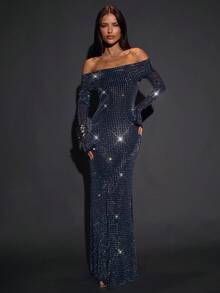 SHEIN BAE 女式纯黑色露肩长袖修身长裙，带水钻装饰，适合夜总会派对 - 黑色 - 查看 1