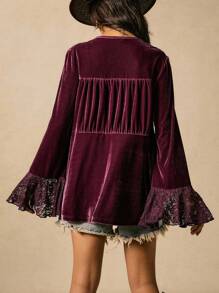 Easelle Vintage Nomadic V-Neck Tie-Up Rose Lace Patchwork Flare Sleeve Loose Women Thin Jacket Western Boho Bohemian Clothes For Women Women Western Wear Free People Witchy Clothes Boho Women S Western Wear Velvet Kimono Jacket Fall Clothes Women Lace Boho Top Velvet Boho Top Bohemian Tops For Women Boho Tops For Women Boho Blouses For Women, - Multicolor - View 3