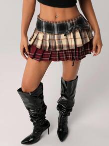 SHEIN ICON 女式蝴蝶结装饰多层格子拼接超低腰百褶迷你裙 - 彩色 - 查看 4