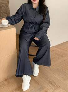 Dazy Plus 2pcs Set: Loose Fit Denim Shirt With Collar & Casual Denim Pants, Suitable For All Seasons, Spring/Autumn,Fall Women Clothes