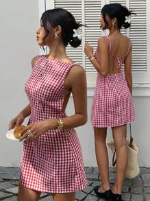 MainGRL Women's Cotton Casual Gingham Backless Sleeveless  Round Neck Mini Dress For Vacation, Red & White,Going Out, Outfits ,Country Concert Outfit - Red and White - View 1