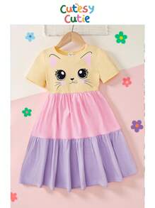 SHEIN Kleine Mädchen Schönes mehrlagiges Tutu-Kleid mit Farbblock-Print und Katzenillustration