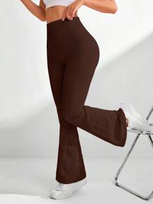 Easithlete 女士纯色高腰喇叭无缝运动瑜伽紧身裤 - 咖啡棕 - 查看 4