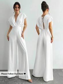 Firerie 女士夏季纯色深 V 领蝙蝠袖阔腿连体裤/白色亚麻服装/美国独立日服装/海滩度假服装/商务休闲女装/办公室/夏季服装/毕业服装/茶会聚会/优雅露背吊带/优雅露背吊带连体裤，端庄 - 白色 - 查看 2
