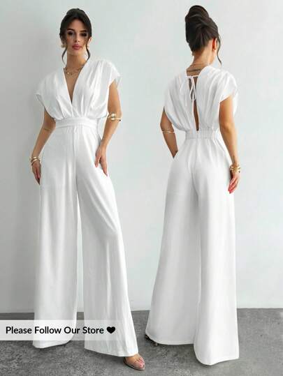 Firerie Women's Summer Solid Deep V-Neck Batwing Sleeve Wide Leg Jumpsuit/White Linen Clothing/4th Of July Outfits /Beach Vacation Outfits /Business Casual Woman/Office /Summer Outfits/Graduation Outfits/Tea Party Gathering/Elegant Backless Straps/Elegant Backless Strappy Jumpsuit, Modest